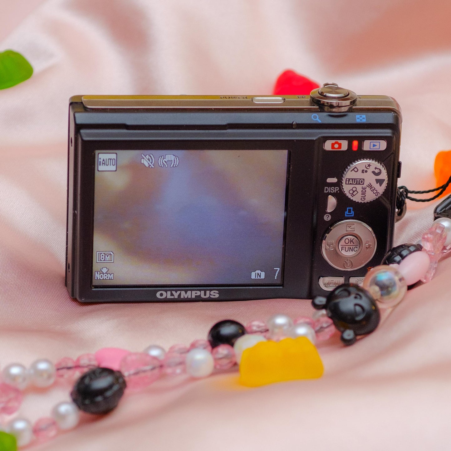 Geniune Cute y2k aesthetic decorated digicam Olympus FE 370 with beaded strap PreOwned