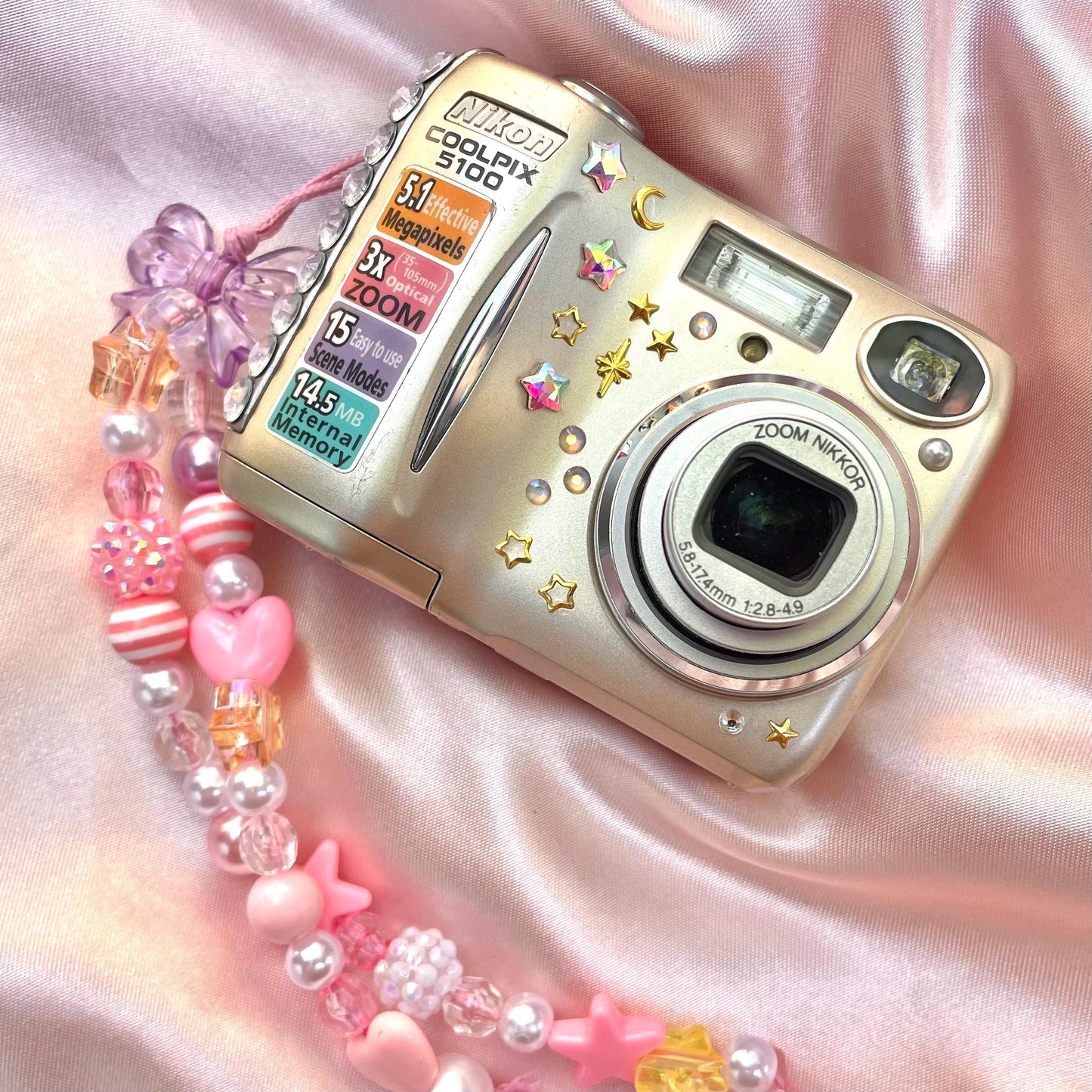 Geniune Nikon Coolpix E5100 cute y2k aesthetic bejewelled digicam with beaded strap PreOwned